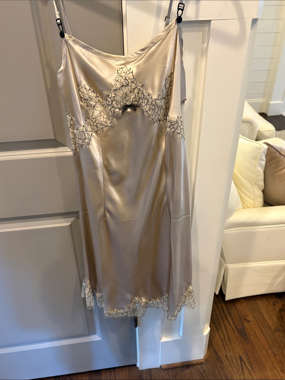 Twin-Set Champagne Satin Midi Dress with Lace Trim